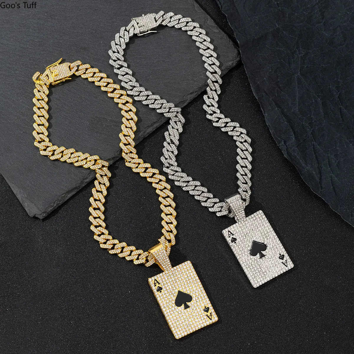 Hip Hop Ace of Spades Poker Pendant Necklace, Alloy Enamel Full Paved Zircon Twist Rope Cuban Chain, Oversized Street Costume Jewelry for Men, Party Gift