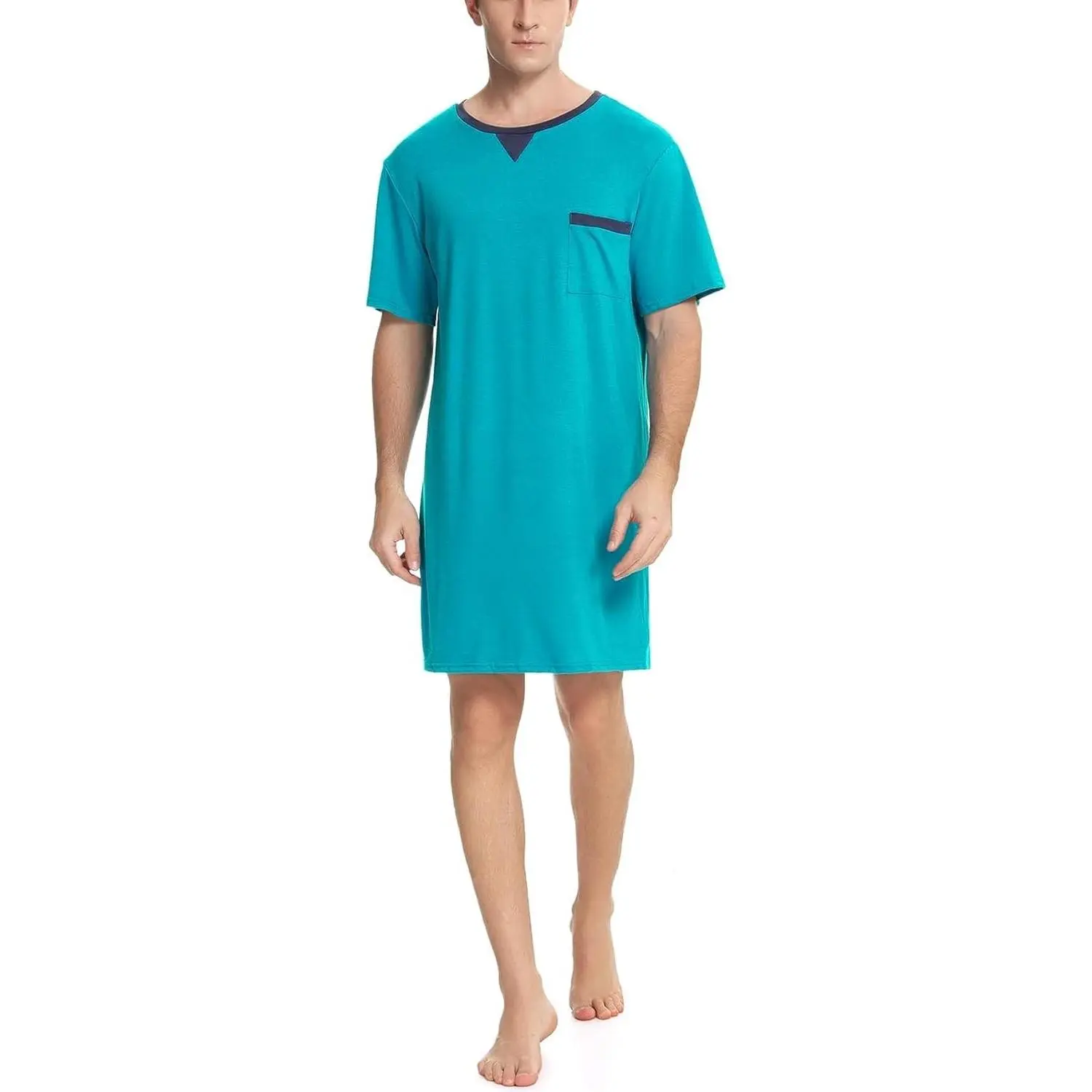 Men Summer Short Sleeve Nightshirt Knee Length Nightgown Cotton Sleep Shirt Lounge Wear With Chest Pocket