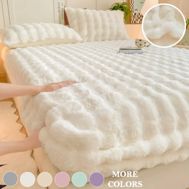 Ultra Soft Milk Velvet Fitted Sheet, Mattress Cover & Mattress Protector Set, Fluffy Bubble Faux Rabbit Fur Bedding, 2/3-Piece Set Including 1 Fitted Sheet and 1 or 2 Pillowcases, Machine Washable, Non-Shedding for Bedroom, Kids, Pets and Elderly