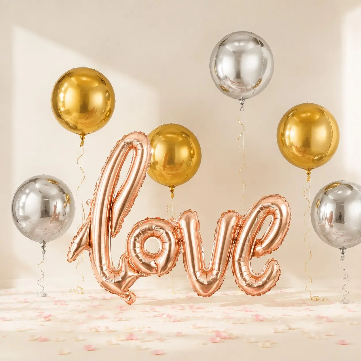 Rose Gold Love Aluminum Foil Balloon Set, 2, 2 Silver Color, 10 Inch, 4D Round Balls, Wedding, Engagement, Valentine's Day Party Decor