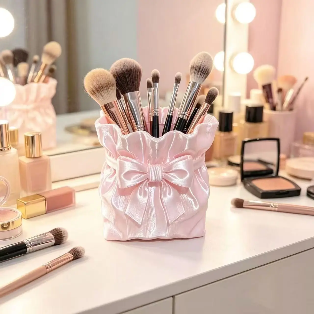 3D Printed Bowknot Fabric Bag, Girl Makeup Brush Holder, Silky‑Gloss Pla Storage Bucket, Desktop Decorative Vase, Pen Holder, Makeup Brush Tube