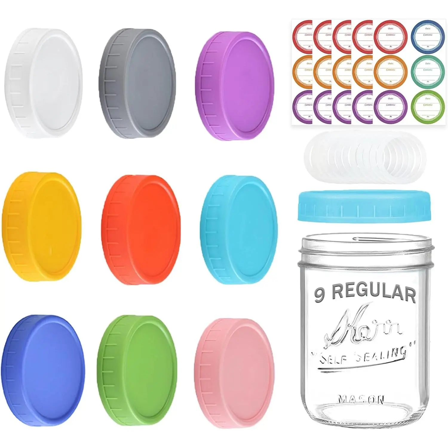 Mason Jar  Regular Mouth, 9 Pack, Plastic Leak-Proof Canning  |  Mason Jar Tops with  Rings and Removable Labels for Ball,  and , Thickened & Dishwasher Safe