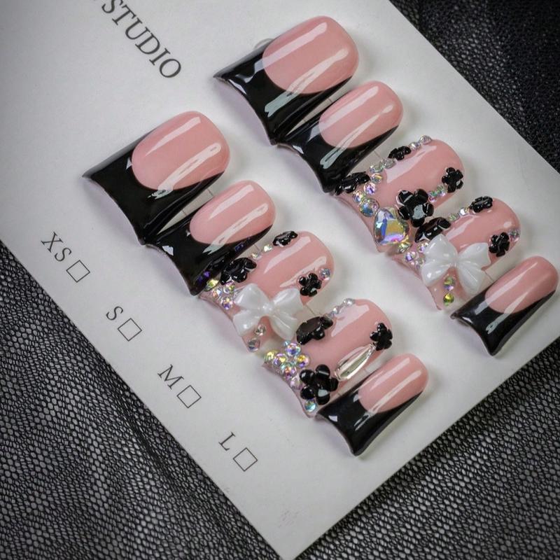 10pcs Y2K Style White Bow Short Duck Nails, Handmade Black Edged French Press-On Nails With Bow, Flower, And Rhinestone Accents, Rhinestone Bow Decorated In Indie Aesthetic, For Daily, School, Or Office, Great Gift For Women And Girls