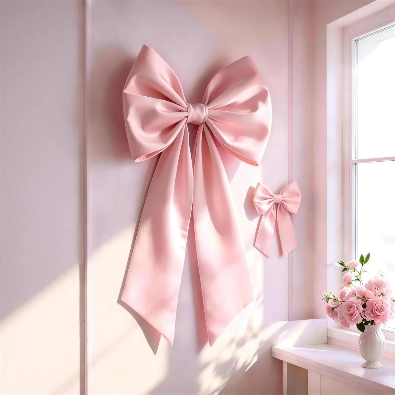 Pink Bow Decor 2 Pack,Large & Small Pink Coquette Room Backdrop Wall Decor for Valentine's Day Bachelorette Bridal Shower Wedding Birthday Christmas Decorations