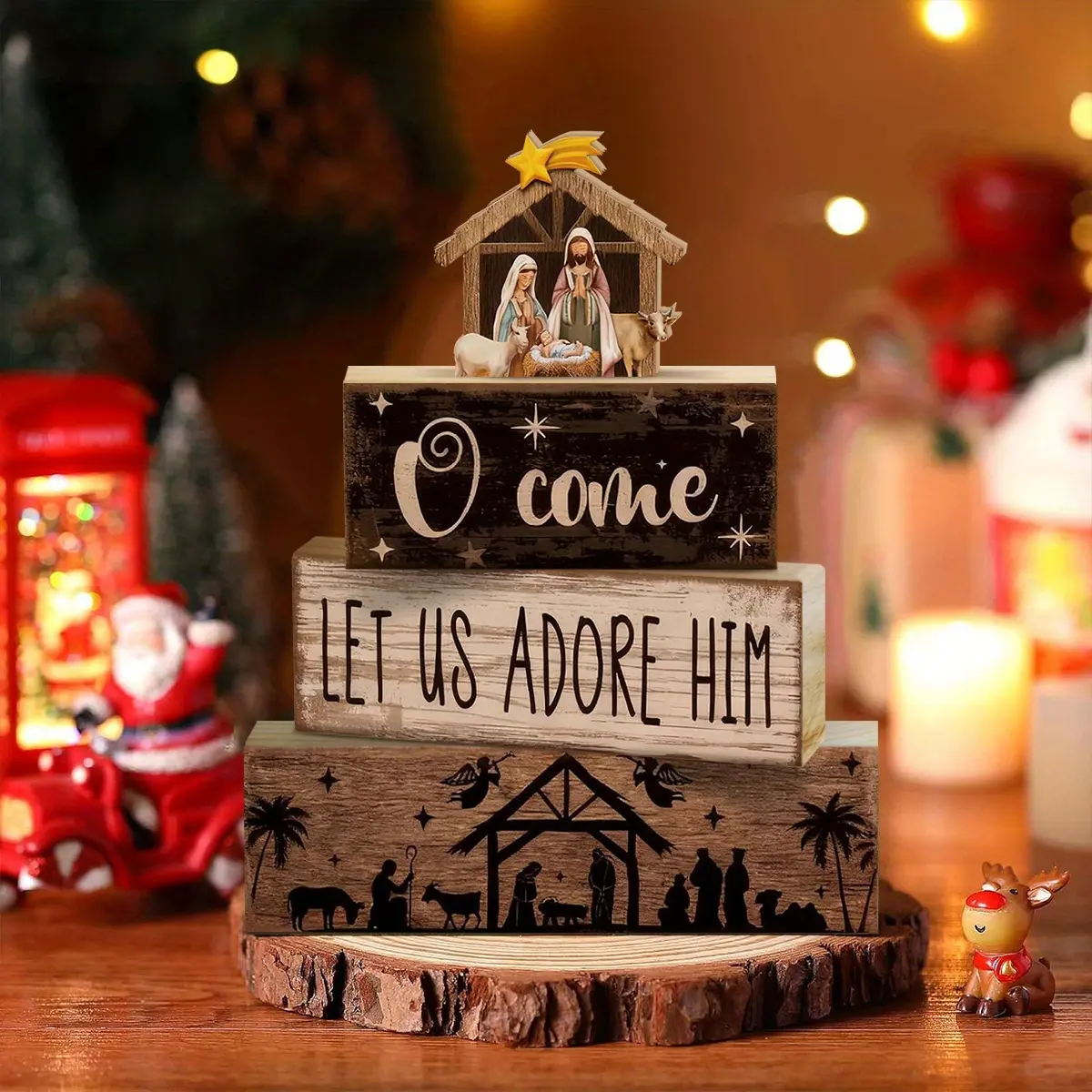 Set of 4 Wooden Christmas Nativity Tiered Tray Decor, Christmas Table Decor, Wooden Christian Religious Ornaments, Rustic Wooden Angel Block Sign Gifts, Kitchen Table Centerpieces, Farmhouse Christmas Kitchen Decor
