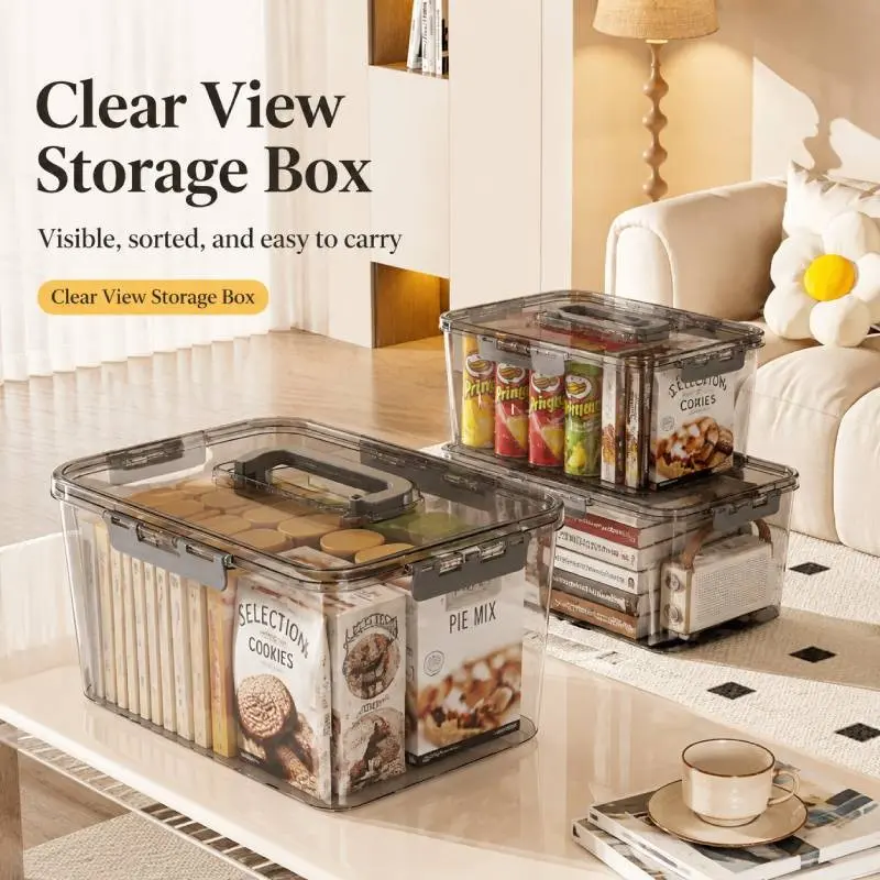 Transparent Storage Box with Lid, Stackable Plastic Organizer, Multi-Functional Desktop Container, Portable Basket for Books, Cosmetics, Daily Items
