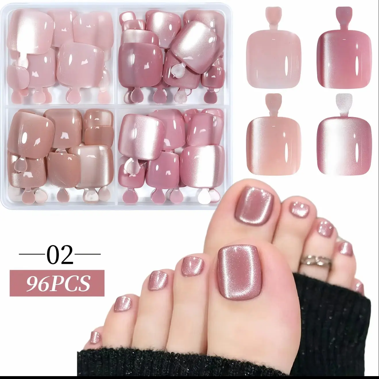 96pcs Cat Eye Nail Art Stickers, French Toe Nails, Glitter Nail Kit, Four Colors False Toenail Set, Manicure Pedicure Tools, Nail Art Products
