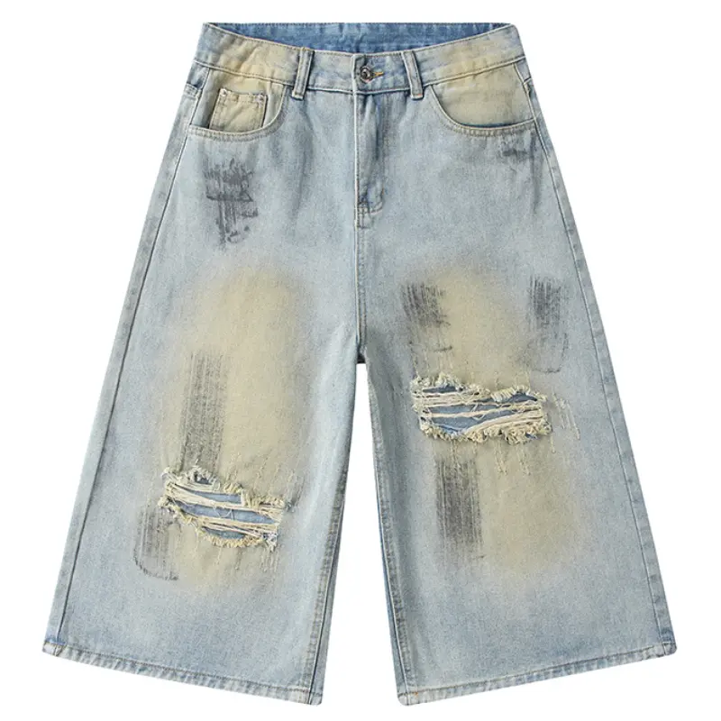 Men's Retro Streetwear Denim Shorts with Graffiti Print and Frayed Rips, Faded Yellow Above the Knee Cut, Graphic, Casual Jorts, Deep-Cut Slant Front Pockets, Urban Casual, Jeans, Baggy, Valentines Day, Cotton 65.7%, Recycled Cellulose Fiber 16.8%, Polyes