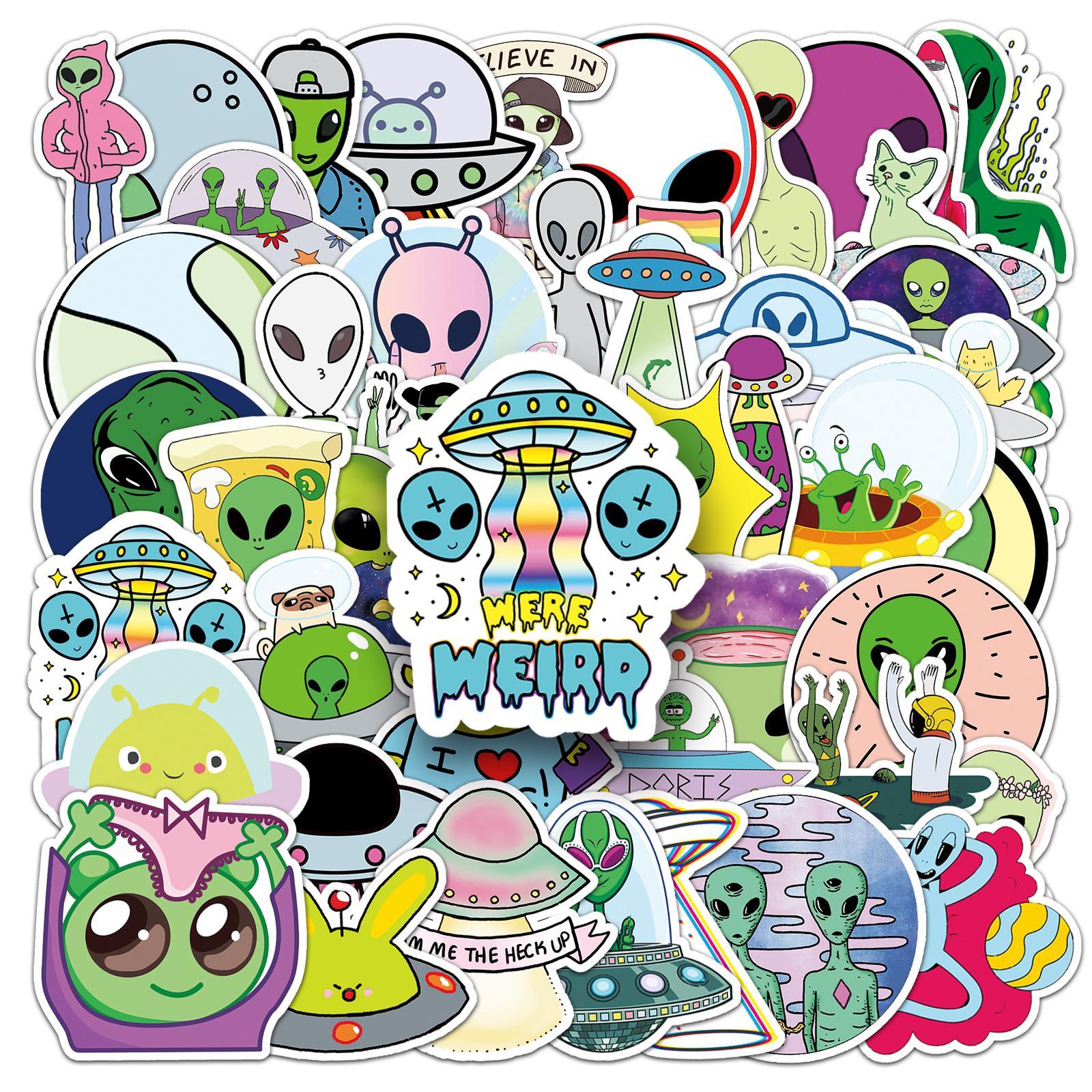 Alien Pattern Sticker, 50pcs/set Cute Cartoon Sticker, Decorative Sticker for Scrapbooking, Journaling, Gift Wrapping, Funny Stickers