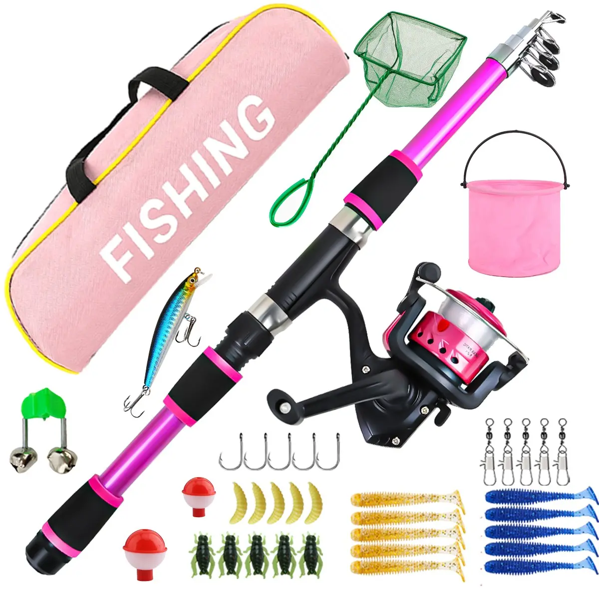 Fishing Rod Reel Set with Matching Accessories, Designed for Women, Includes Storage Bag, Foldable Bucket, Net, Complete Fishing Gear, Fishing Combo