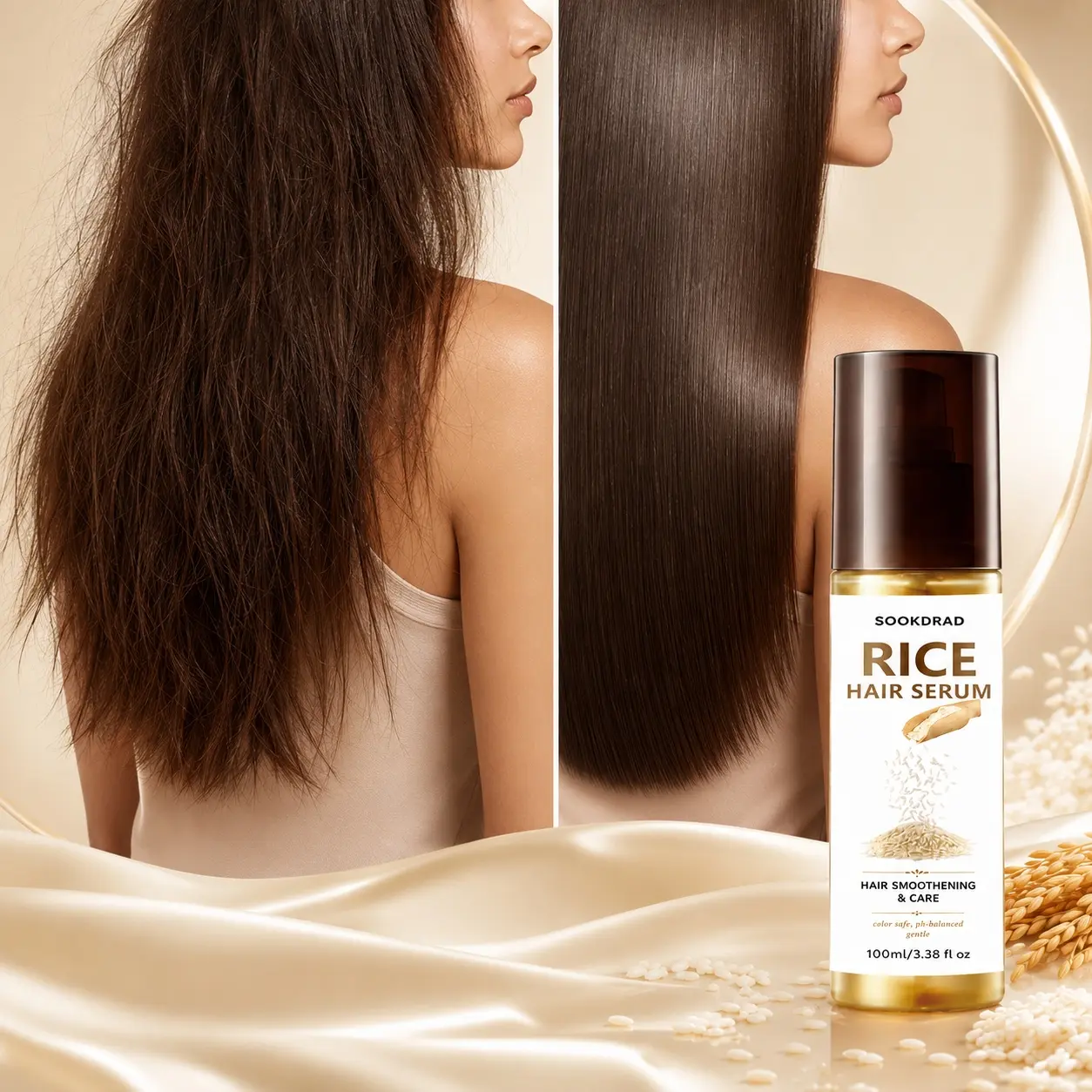 Rice Hair Serum, with rice, hair smoothening and care, hair, color safe, ph-balanced, gentle, 100ml/3.38 fl oz