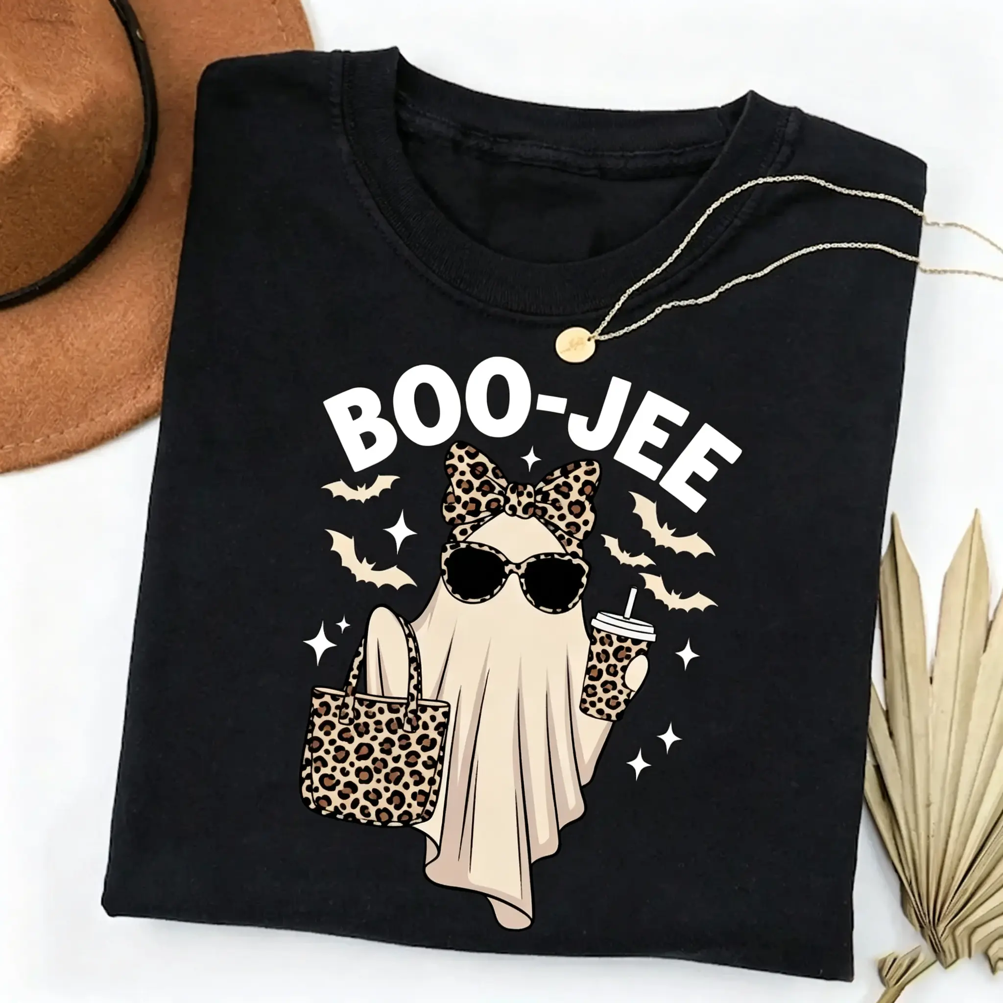 Women's Cotton Twill Halloween Sports Top - Leopard Ghost Graphic, Cute Spooky, Funny Trendy Apparel Gift for Stylish Her