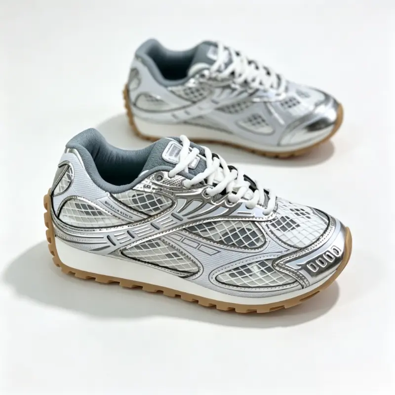 Unisex Shiny Silver Grid Mesh Retro Athletic Sneakers Reflective Metallic Patchwork Shock Absorb Gum Outsole Streetwear Trainers