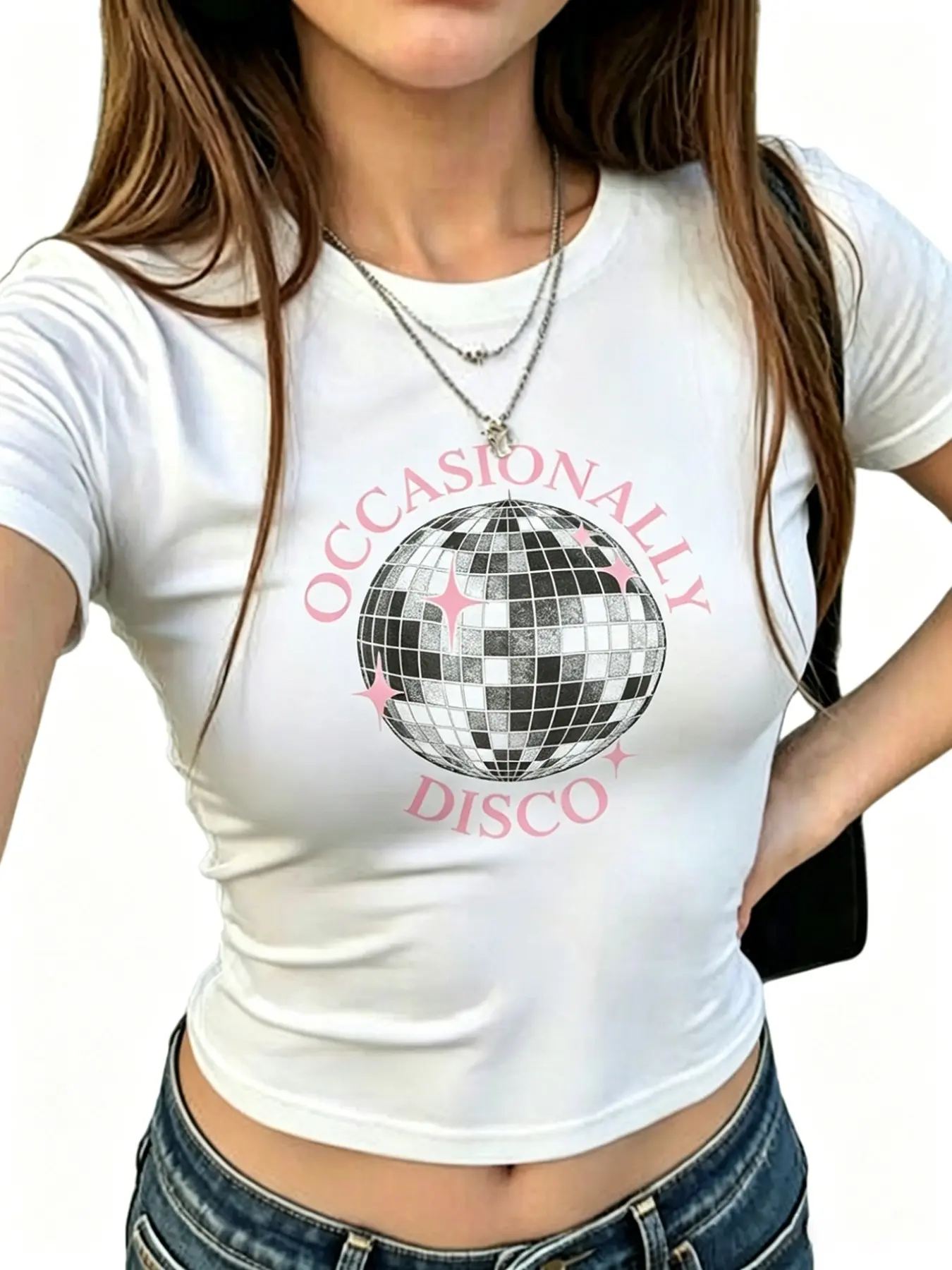 Disco Ball Print Slim Fit Crop Top, Casual Cartoon Pattern Short Sleeve T-Shirt for Women, All Seasons Fashion Wear