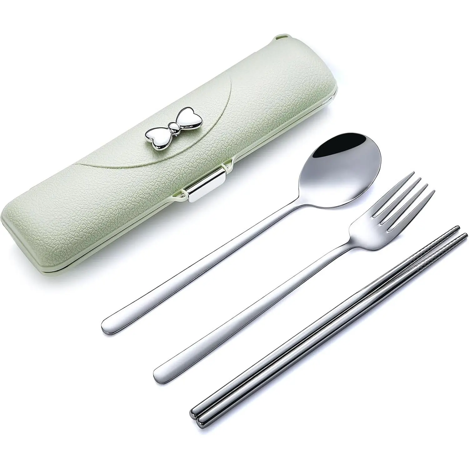 Travel Silverware Set with Case,Portable Lunch Utensils Set for Work | 4 count 18/8 Stainless Steel  Travel Cutlery Set, Fork and Spoon Set for Camping/School/Lunch Box, Dishwasher Safe,Green