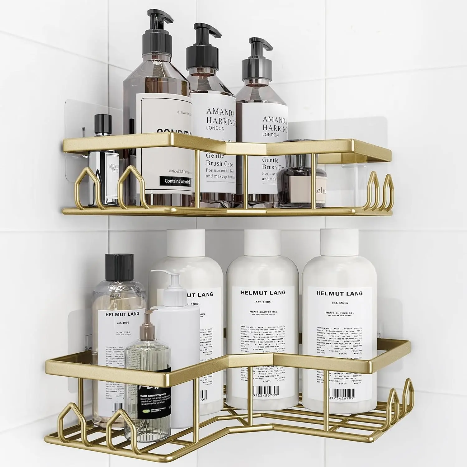 2-Pack Gold Adhesive Sticker Shower Caddy, Rustproof Stainless Steel Corner Bath Organizer, Hollow Smooth Waterproof Transparent No-Drill Large-Capacity Shelves for Bathroom Storage, Water Proof