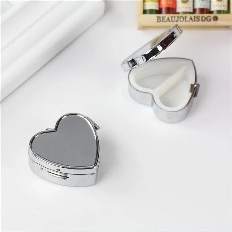 Heart Shaped Metal Pill Box, 2 Compartment Mini Travel Pill Organizer, Cute Pocket Medicine Case for Vitamins, Supplements & Daily Use