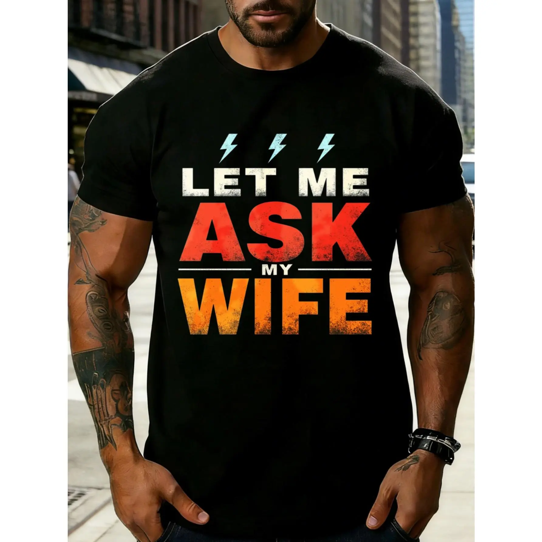 Graphic Design Men's Crewneck T-Shirt Loose Fit 100 Percent Cotton Fashion Versatile Soft Comfortable Fabric Suitable for Daily Wear And Gift Occasions Let Me Ask My Wife Text with Lightning Bolts Theme Casual Summer Wear Perfect for Husband Gifts