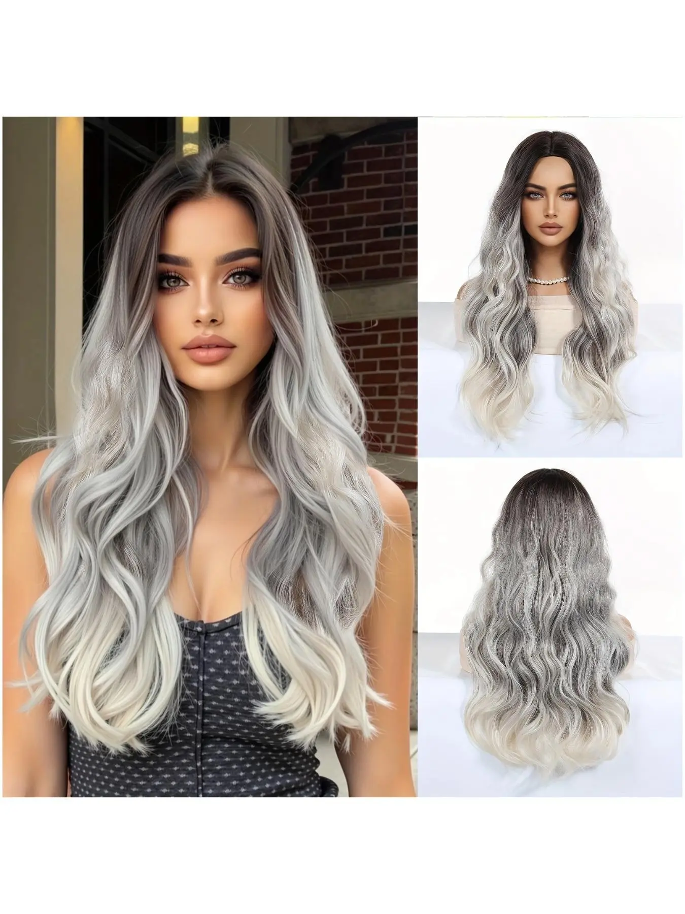 Water Wave Durable Synthetic Fiber Wig, Gradient, Party Wedding Role Play Daily Wear, Adjustable Breathable Cap, No Lace Front, Lightweight Shaped Fibers, Synthetic Ombre Wig