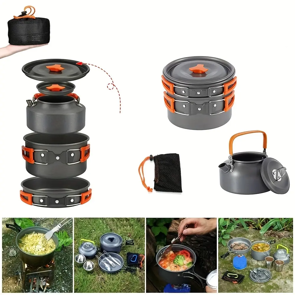 Camping Cookware Mess Kit, Backpacking Camping Gear, Pots And Pans Set, Pot Pan Kettle Cooking Set