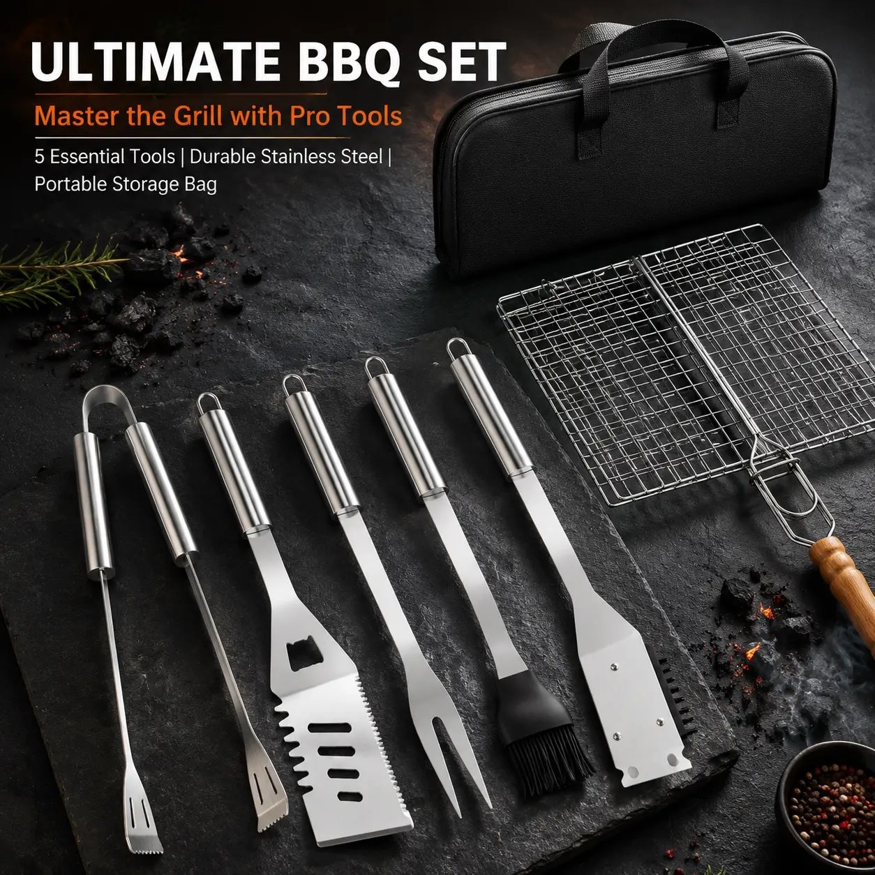 6/5 Piece Stainless Steel BBQ Tool Set, Portable Grill Kit with Storage Bag, Grill Utensils, Ideal for Outdoor Camping, Backyard Use, Includes Grill Basket