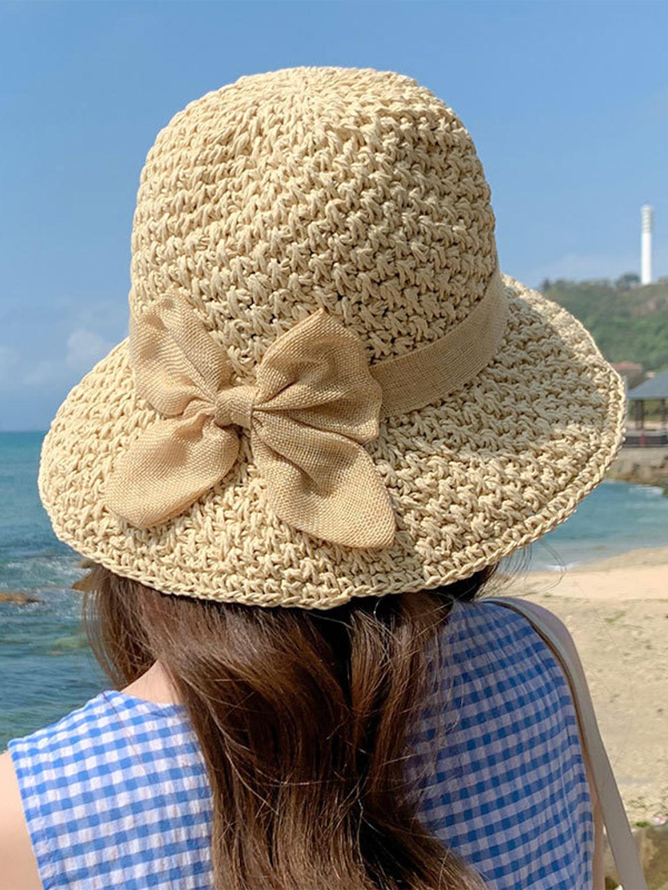 Handmade Straw Hat for Women Summer Fashion Bowknot Foldable Sunscreen Panama Lady Sweet Wide Brim UV Sunscreen Beach Cap Girl