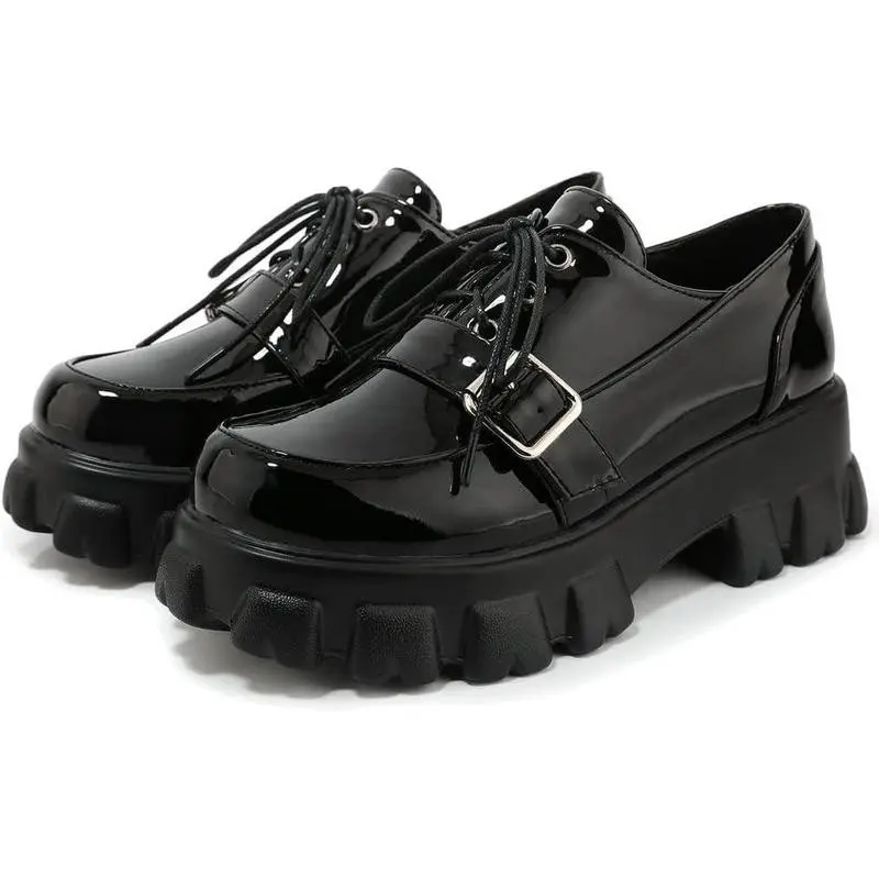 Womens Chunky Platform Oxford Loafers Goth Buckle Shoes