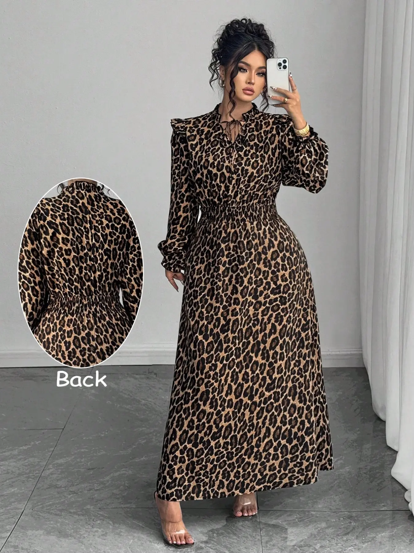 Women's Plus Size Maxi Dress Feminine Elegant Style Leopard Print Smocked Waist Long Lantern Sleeve Tie Neck Ruffle Fall Transitional Trendy Casual Wear Plus Size Dresses