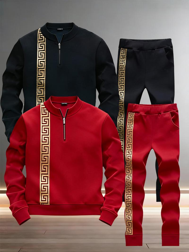 Retro Greek Key Accent Men's Tracksuit - Half-Zip Stand Collar 2-Piece Activewear (Multi-Color)