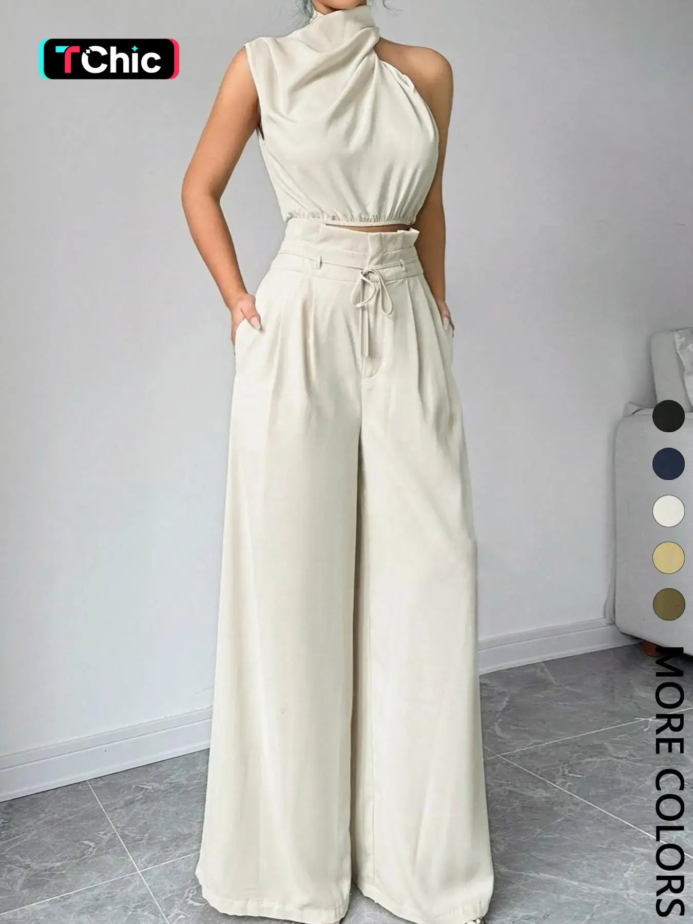 Women's Elegant Minimalist Two-Piece Set, Irregular Top & Wide-Leg Pants, Fitted Suit, Plain Pattern, Perfect for Everyday Casual Wear, Clothes