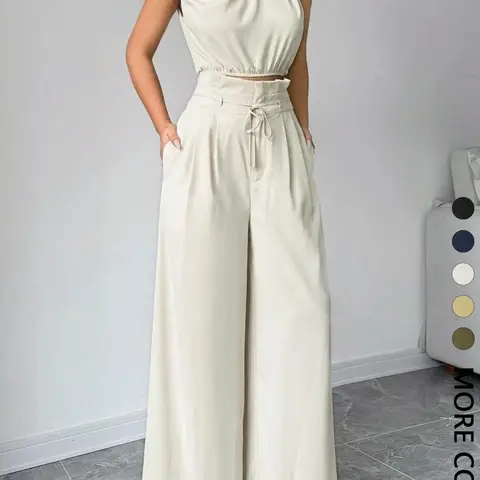 Women's Elegant Asymmetric Top + Wide Leg Pants Two-Piece Set Casual Wear, Vacation, Work Commute, Versatile Outfit