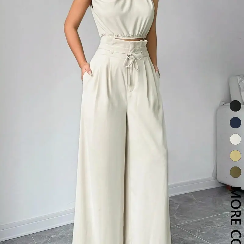 【Black Friday】Women's Elegant Asymmetric Top & Wide Leg Pants Two-Piece Set, Versatile for Everyday Casual Wear, Vacation, Work Commute