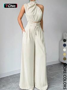 women's solid color crop tank top & wide leg pants two-piece set, basic elegant fashion casual top & trousers for daily outdoor wear, women's clothing for summer, clothe, womenswear