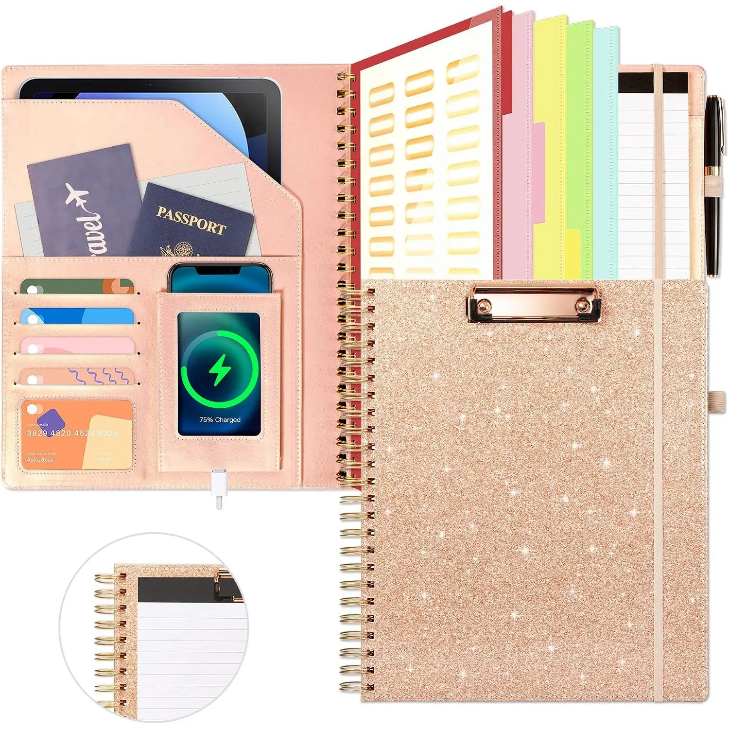 Clipboard with Storage for Women, Leather Padfolio Portfolio Organizer 5 Folders with 10 Pockets, Spiral Clipboard Folio with Notepad for Letter Size, Elastic Closure and Pen Loop Rose