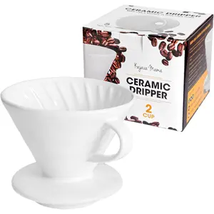 Pour Over Coffee Dripper - Ceramic Slow Brewing Accessories for Home, Cafe, Restaurants - Easy Manual Brew Maker Gift - Strong Flavor Brewer - V02 Paper Cone Filters - White, 2 Cup