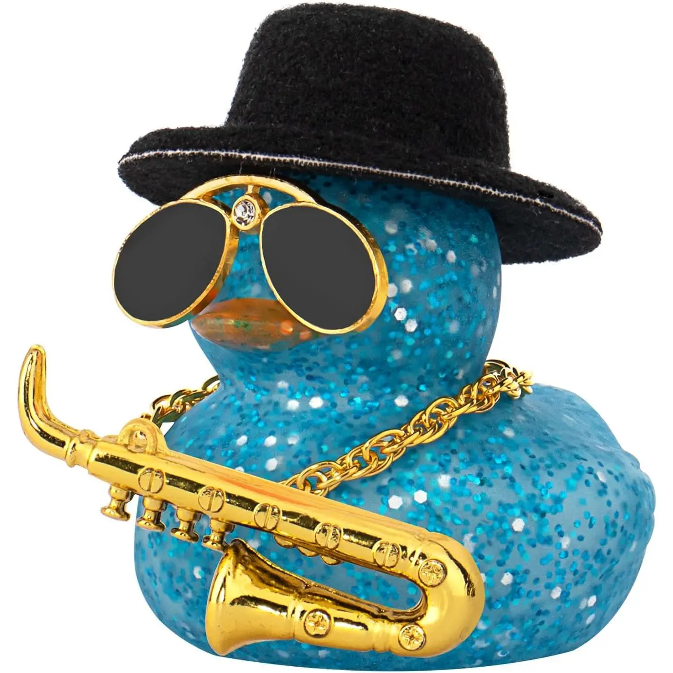 Dashboard Ducks, Saxophone Decor Rubber Duck  Ornaments with Mini Top Hat Necklace Sunglasses (Light Blue)