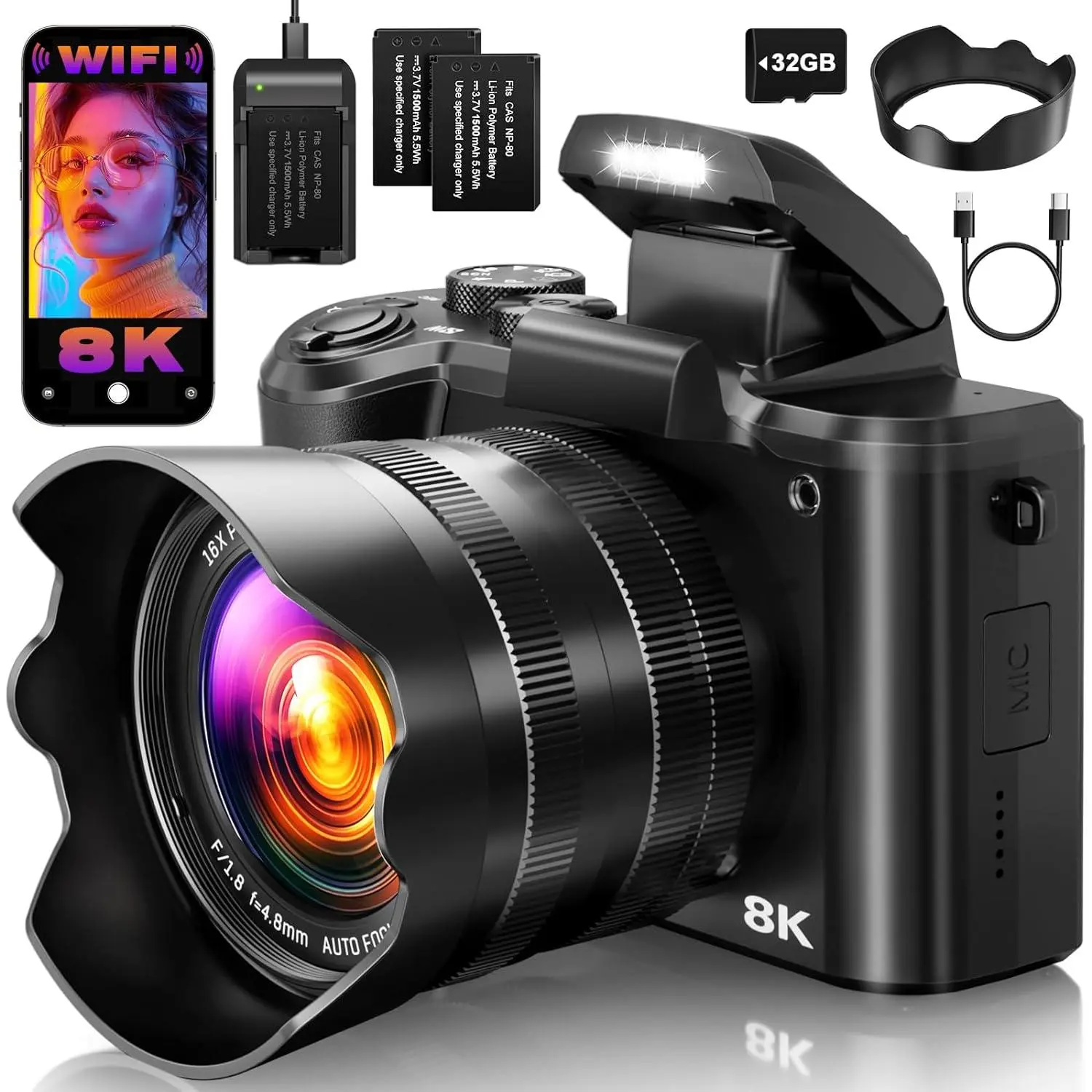 8K Digital Cameras for Photography, 2026 Autofocus 88MP WiFi Professional Photography Camera with -Lens for YouTube, 16X Digital Zoom, TF Card, Lens ,  Screen,2  &  Stand