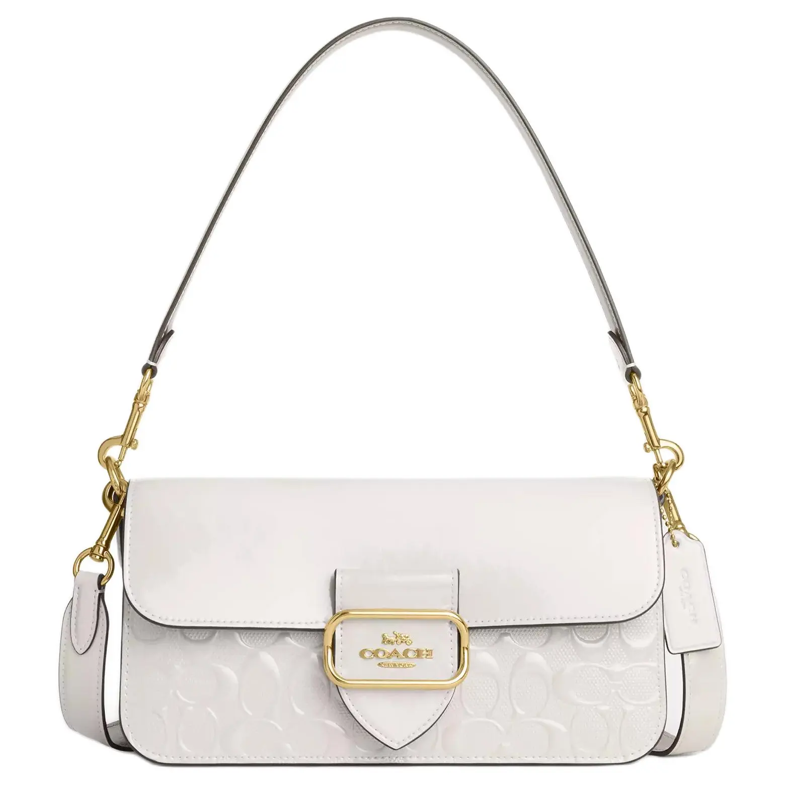 COACH Morgan 27 Detachable Strap Snap-Flap Handbag – Patent Leather, Crossbody/Shoulder/Tote, Chalk White and Gold, Women