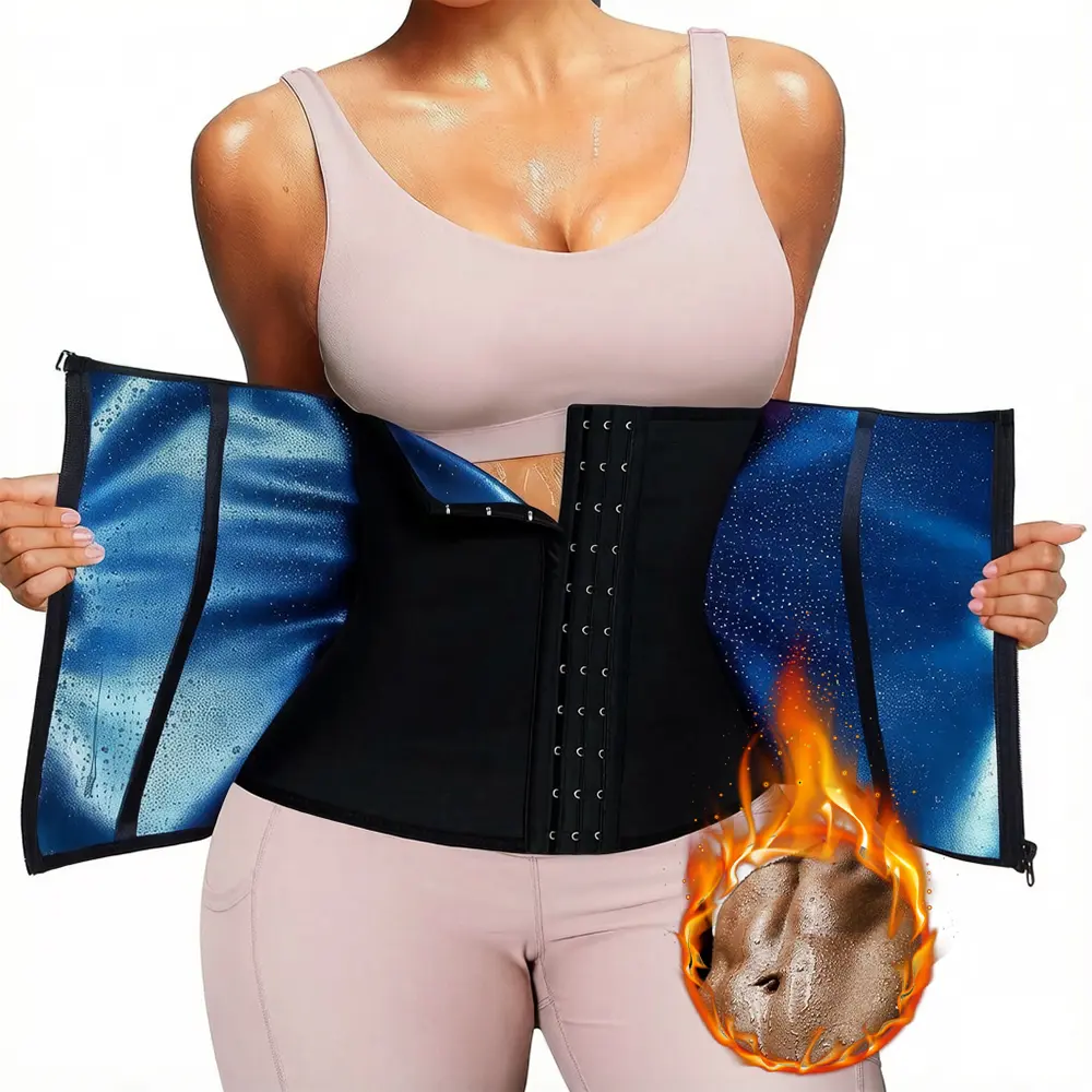Women's Sweat Waist Trimmer with Corset Structure Zipper, Solid Compression Shapewear for Tummy Control Workout, Plus Size (Runs Small), Solid Fabric
