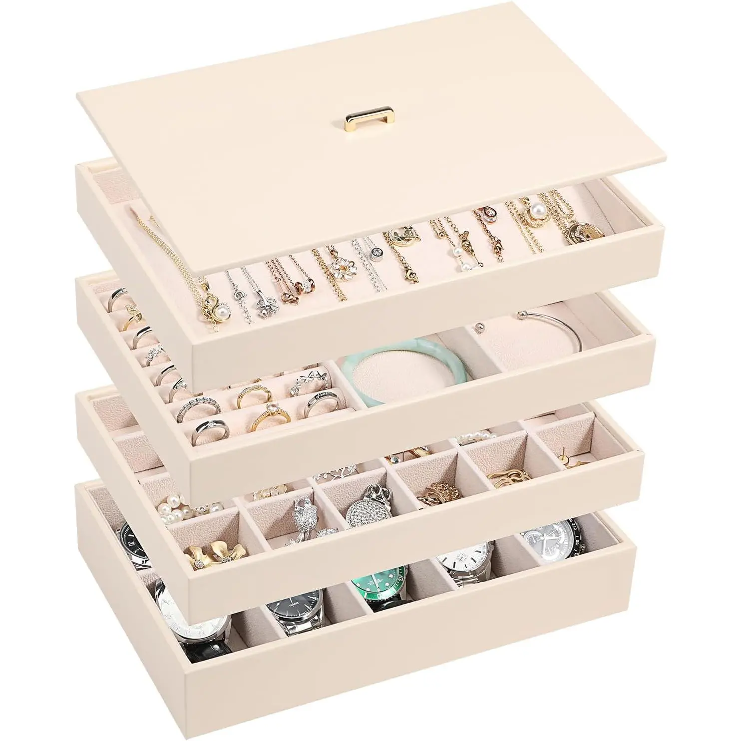 Stackable  Organizer Tray with Lid, PU Leather  Storage Holder for Drawer Inserts, Jewellery Display Box Case for Earring Necklace Ring Watch Bracelet (Set of 4, Apricot)