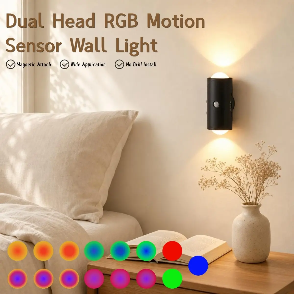 2pcs Dual-Head RGB Motion Sensor Wall Lamp, Magnetic Detachable Night Light, Three Modes Ambient Light, No Drilling Installation, Bedroom Staircase Corridor Gaming Room Universal, Indoor Wall Light, Indoor Lighting
