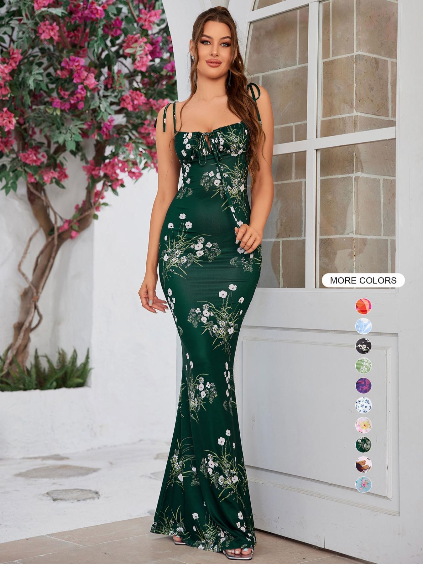 Women's All Over Print Tie Shoulder Mermaid Hem Cami Maxi Vintage Dress, Boho Sleeveless Spaghetti Strap Tie Front Ruched Maxi Bodycon Dresses, Holiday Vacation Beach Summer Clothes, Wedding Guest Dresses, Birthday Dresses