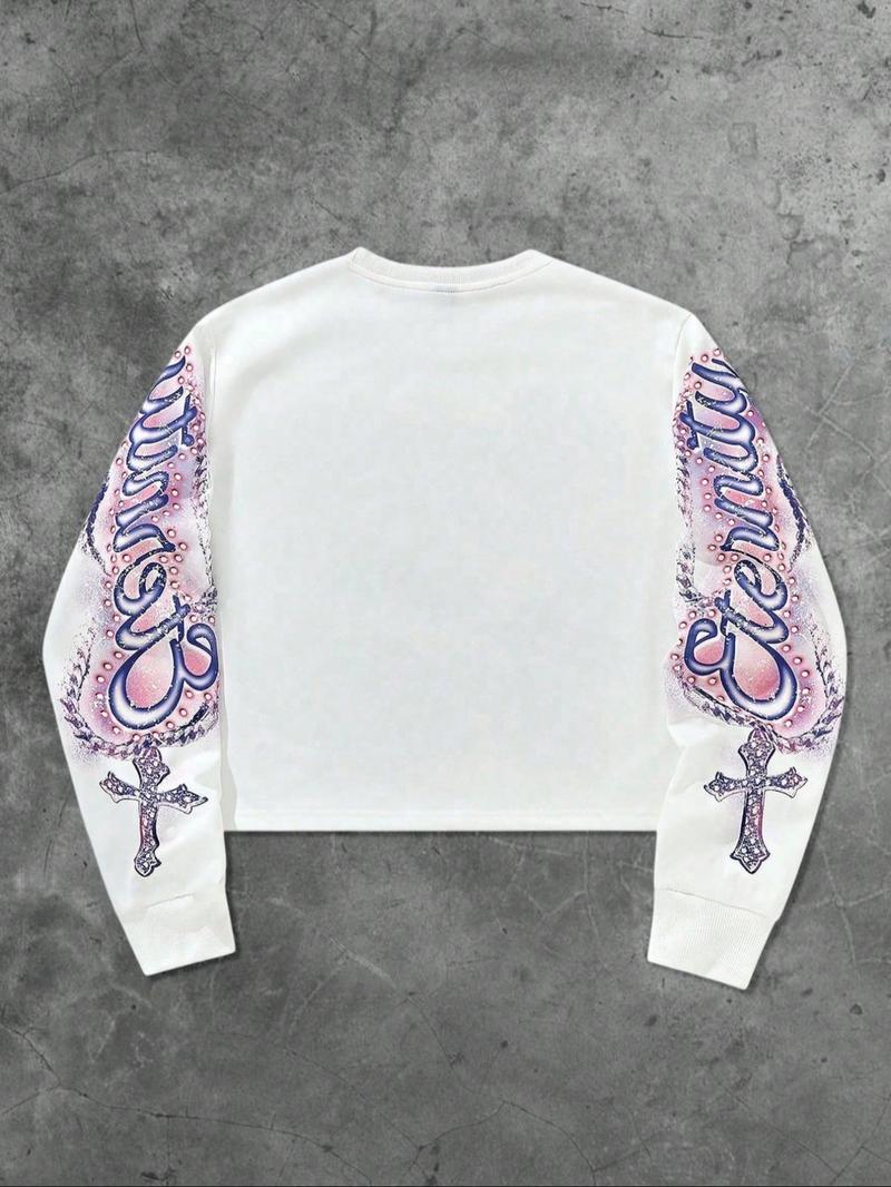 Unisex Streetwear Angel Print Design Sweatshirt, Loose-fitting Casual Long Sleeve Crewneck for Fall & Winter Fashion