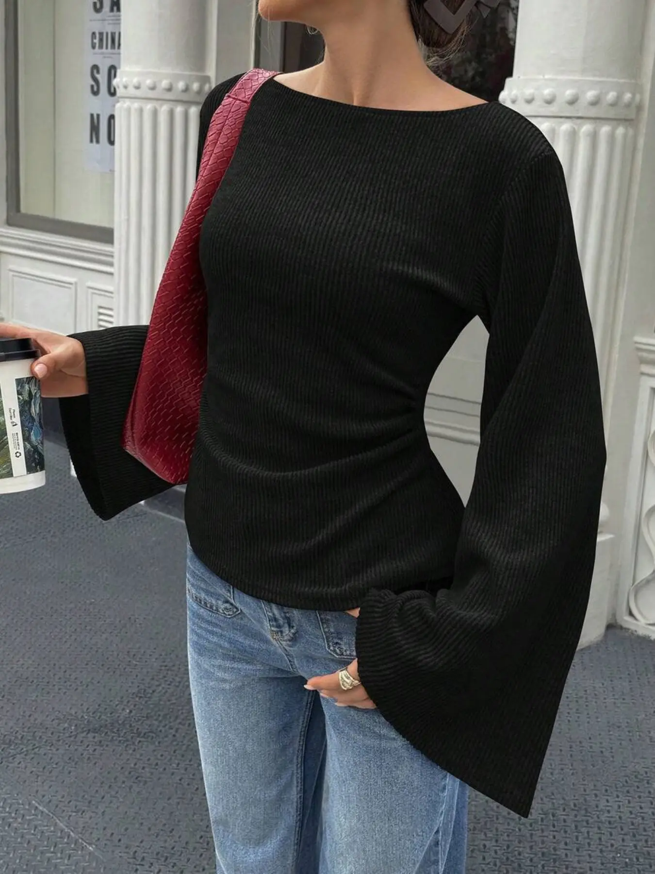 Women's Knitted Long Sleeve Top, Flared Sleeve Slim Fit Shirt, Solid Color Casual Blouse, Fall Winter Fashion, Versatile Layering Piece