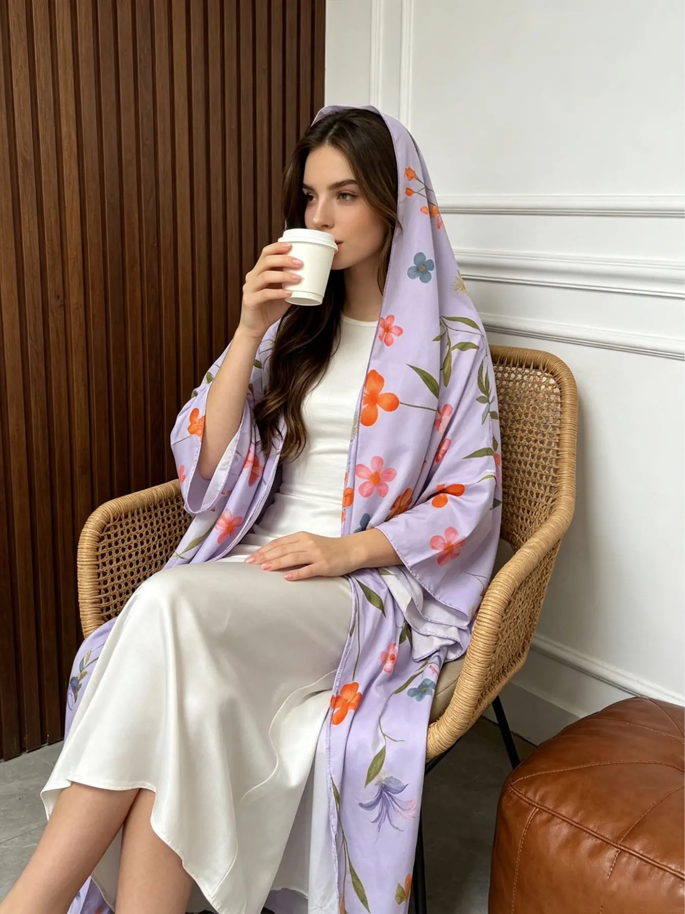 Muslim Women's Loose Wide Sleeve Long Abaya Set, Floral Print Cardigan and Headscarf, Dubai Style, Ramadan Vacation Daily Wear