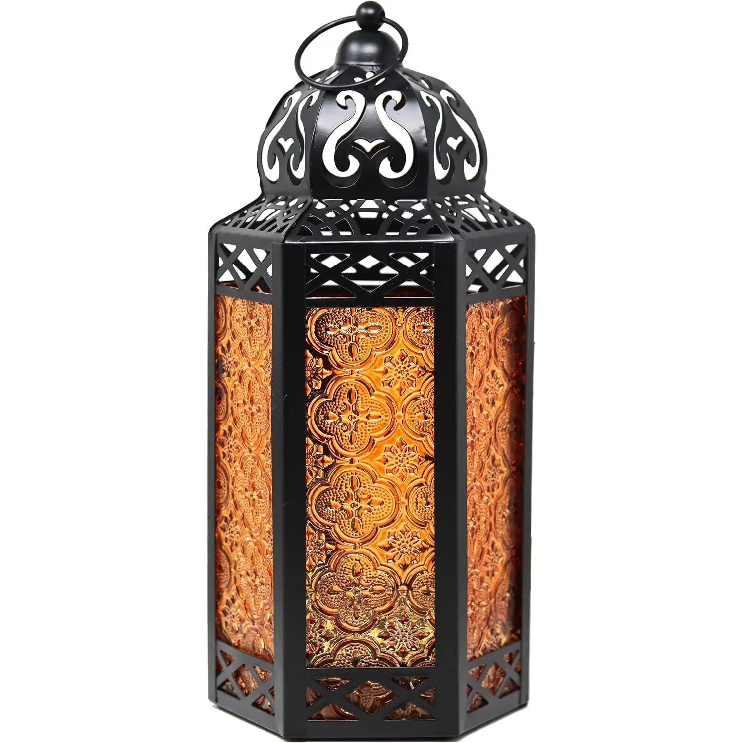 Lanterns Decorative Indoor Candle Holder Table Centerpieces - Moroccan Hanging Outdoor Patio & Porch Home Decor, Turkish Lamp for Wedding, Ramadan, Halloween (Large 12", Amber Glass)