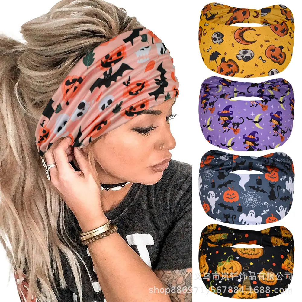 Halloween Skull Pumpkin Spider Headband Vintage Bohemian Sports Elastic Headband Knotted Headscarf for Women Hair Accessories