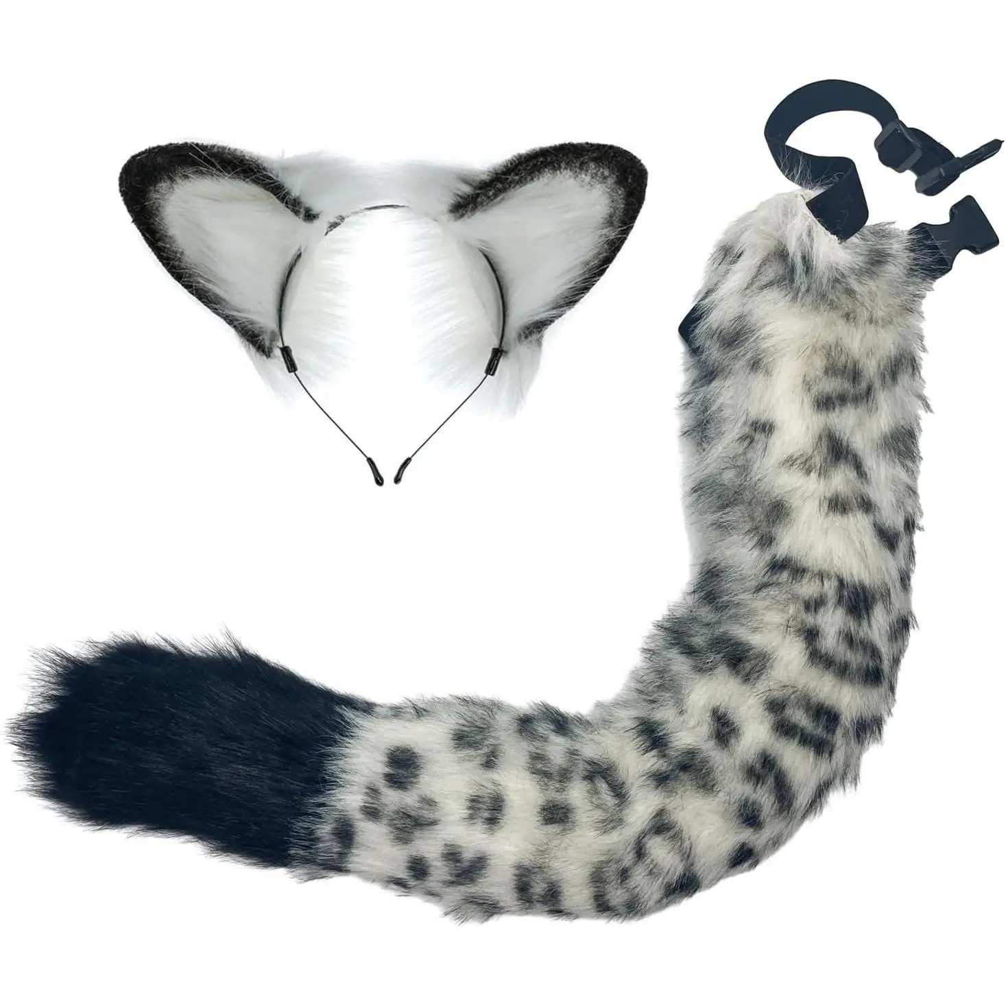 Halloween White Faux  Spotted Snow Leopard Plush Ear Headband with Tail