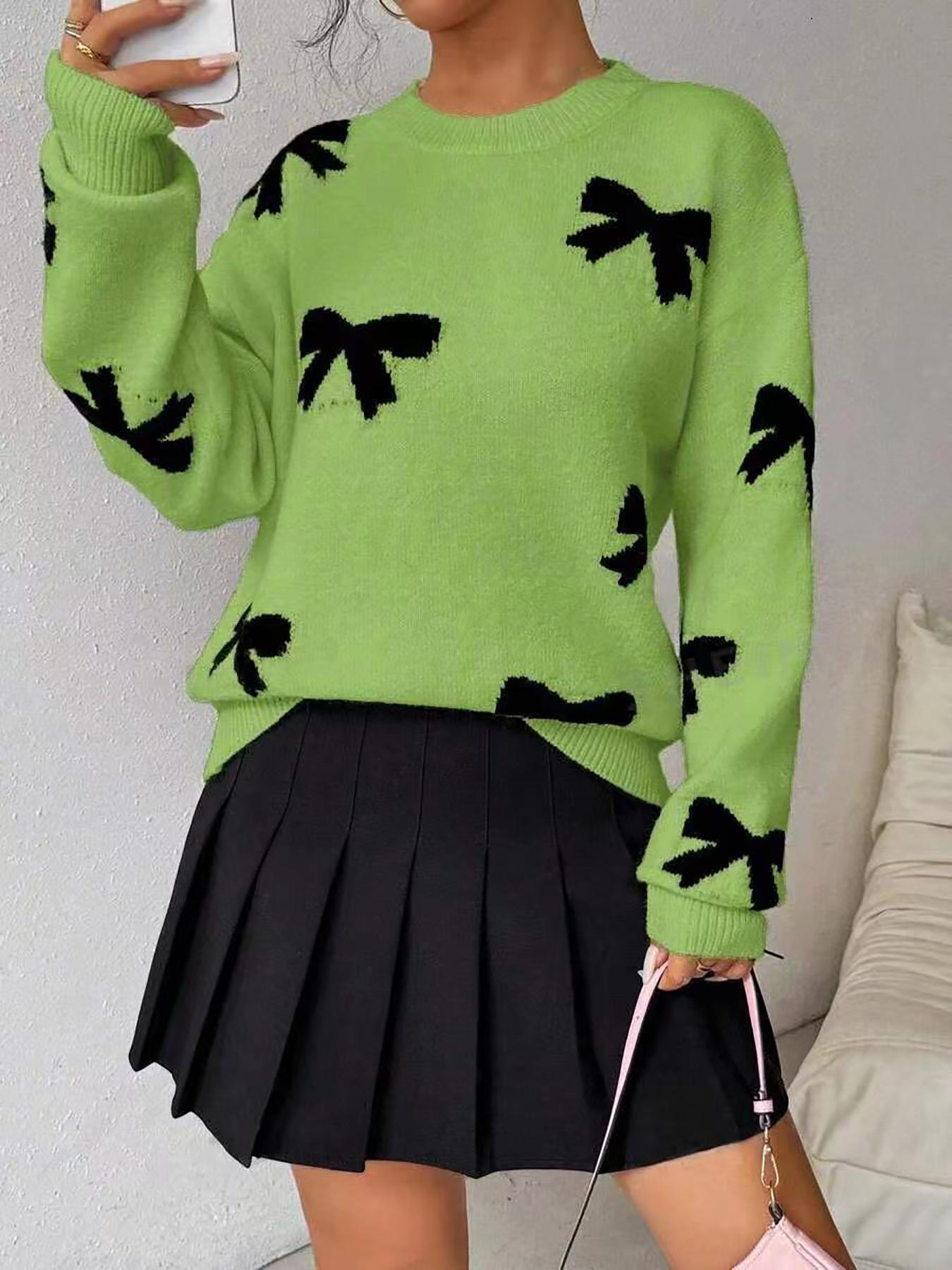 Women's Fashion Bow Print Casual Loose Knit Sweater, New Long Sleeve Pullover for Autumn and Winter, Knitwear, Tops