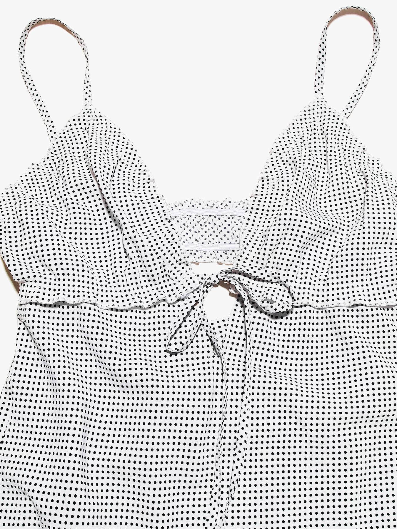 Women's Polka Dot Print Frill Trim Tie Front Cami Dress, Casual Boho Style Fitted Adjustable Strap Zipper Back Midi Dress for Summer, Capri Sun Dress, Ladies Clothes for Beach Holiday, Casual Boho Fashion